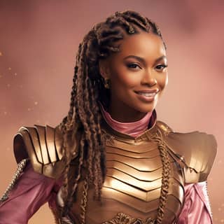 African American woman with dark brown and pink box braids wearing pink and Paladin gold armor with golden tome earrings