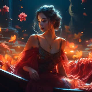 A Chinese-style beauty is enjoying the lotus in a small boat holding a small fan wearing the costume of Luo Shen like a