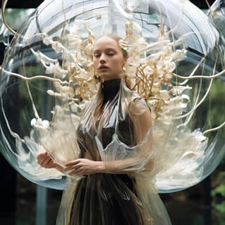"Generate a captivating magazine cover that takes fashion into the future: Visualize an enchanting girl gracefully suspended