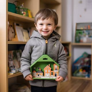 John White a 6-year old Hungarian-looking smiling boy from the waist up He has brown hair and a green hoodie He is hugging a