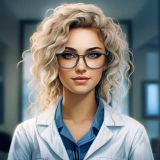Mujer rubia con cabello rizado y ojos azules usando gafas de prescripción y uniforme azul de Viamax Optics en un pasillo de hospital.