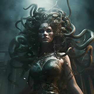 a Medusa snakes for hair evil eyes posed to strike harsh photorealistic lighting a jewel encrusted dress with tears and worn