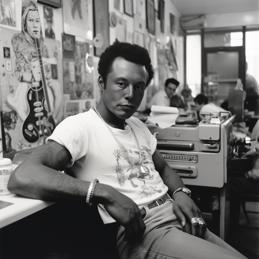 Miles Davis sitting calmly in a tattoo studio getting a tattoo on his upper arm