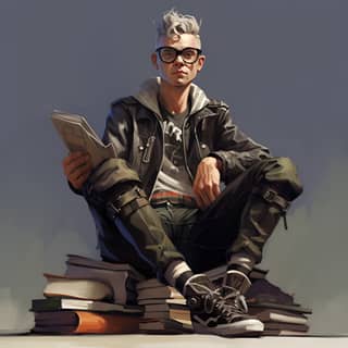 GillesPaTrick adalah seorang punk dengan perilaku tenang dan kacamata, duduk di atas tumpukan buku dengan seni buku.