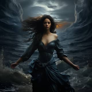 Ein schwarzhaariges Mädchen steht im Ozean in einem langen Kleid, mit dramatischem Kontrast von warmem und kaltem Licht.