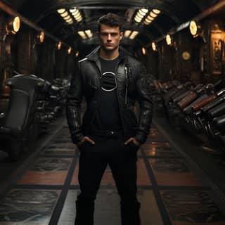 SEAN O’PRY full body shot in style of James Gun working out in a Cyber punk gym wearing a luxury Montcler style black T