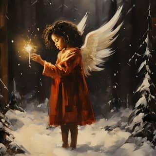 an African-American Christmas angel child in a red and gold robe in a snow covered pine forest at night in the falling snow