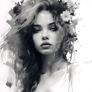 Un portrait en noir et blanc mettant en vedette des fleurs dans ses cheveux, inspiré par @mandydchewart sur Instagram.