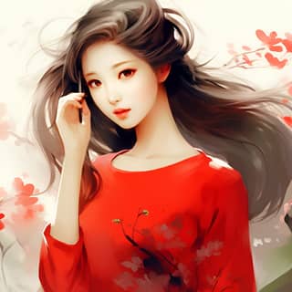 Belle femme chinoise en robe rouge et aux longs cheveux sourit dans un jardin de fleurs au printemps