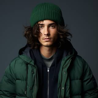 close up fashion product photography close up on puffy deep blue jacket male model wears green beanie and waves at viewer