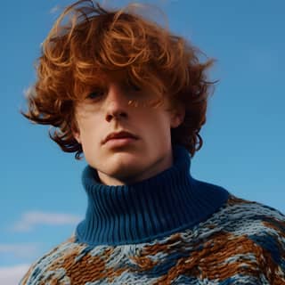 a fashionable man wearing artsy knitted jaquard sweater by hessnatur made of natural fibres in a studio photography with