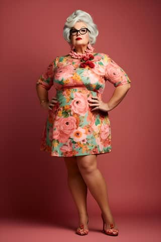 fat overweight granny with hair bun in her sixties She wears short dress and high heels look in the camera in studio