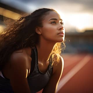 Atleta adolescente de pista feminina multirracial agachada nos blocos de partida, determinada a vencer a corrida.