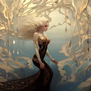 in a gold dress standing in the water