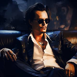 Johnny Depp mengenakan jaket kulit hitam dan kacamata hitam duduk di sofa dengan gaya tahun 50-an.