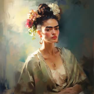 Frida Kahlo von Joseph Kim, locker mit gedämpften Farben und weichem Licht gemalt, mit einer Blume im Haar.