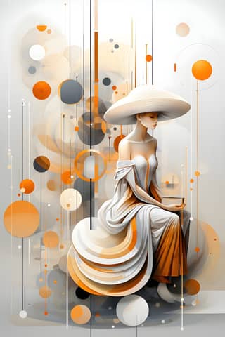 Une personne dans une robe et un chapeau orange assise sur une chaise avec un parapluie.