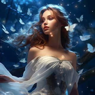 a picture of an exquisite beautiful female fairy standing under the starry night sky at the forest best quality) best