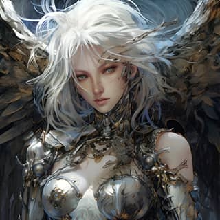 platinum angel in the style of yoshitaka Amano, an angel with white hair and black wings