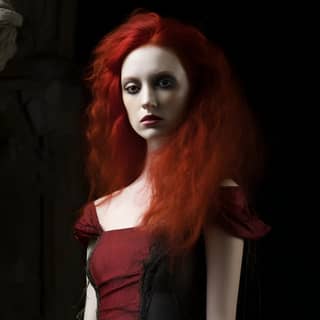 reminiscent of the bride of Frankenstein standing humbly in a column of celestial light in the middle of a large room in an