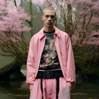 standing in the water wearing pink pants in the style of steven meisel street-inspired rap aesthetics woodland goth alasdair