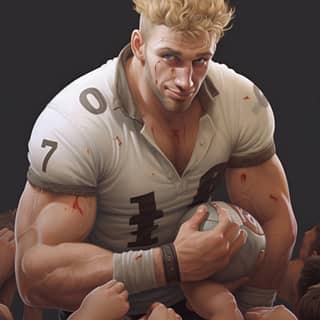 in the middle of a stadium a big rugby player blond hair flies up a rugby scrum one arm stretched toward a flying rugby ball