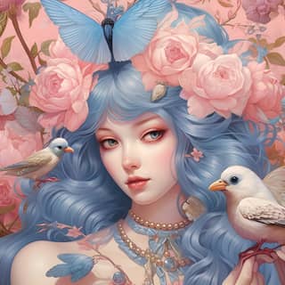 Une femme aux cheveux bleus est entourée d'oiseaux et de fleurs, avec un oiseau perché sur son épaule.