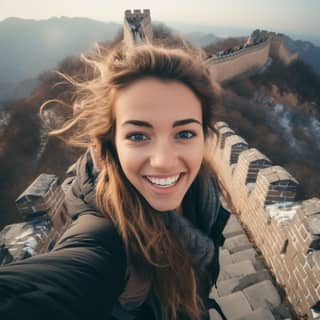 Mulher sorrindo em selfie na Grande Muralha da China