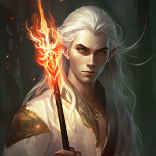 young male elf long white hair slender build iridescent green eyes Pointed ears white scar from the cheekbone to the right