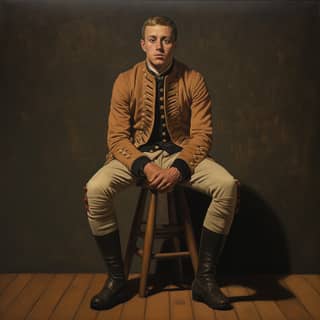 Un soldat britannique de 1800 en uniforme militaire est assis sur un tabouret marron.