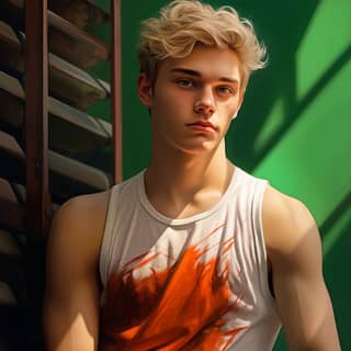 Ethan Forrest American teenager white blond green eyes orange and red tank top