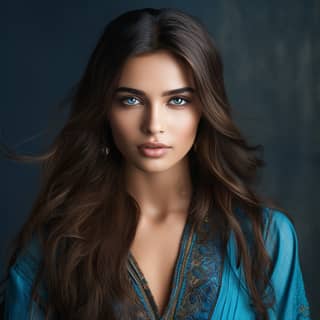 Indian woman with pale blue eyes long brown hair and wearing blue clothes