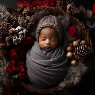 Top view of a christmas newborn setup, a newborn boy wrapped in a blanket surrounded by red and pine cones