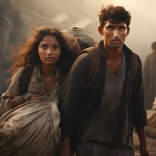 Young couple escaping war-torn Sri Lanka hope and uncertainty in their eyes carrying simple belongings pixar 16:9 format