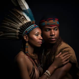 Guerrier afro-américain portant des vêtements traditionnels tenant une femme dans une pose.