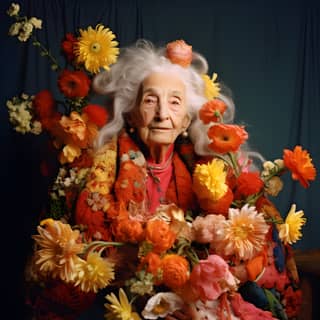 Una anciana con largos y rizados cabellos blancos ondeantes sosteniendo abundantes girasoles y amapolas rojas en luz natural.