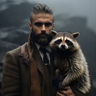 bearded man in elegant tweed suit holding his pet racoon in front of ancient geoglyph in scottland misty november day