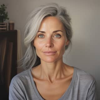 beauty model 45 year old woman, with gray hair and green eyes