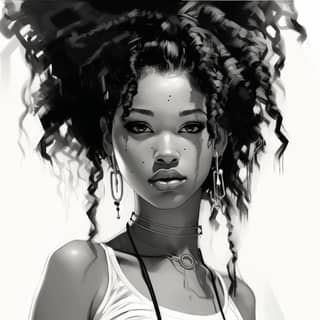 Une illustration en noir et blanc d'une femme afro-américaine avec des dreadlocks et une grosse afro. Elle est présentée sur un site web artistique mettant en valeur des peintures et des illustrations du monde entier.