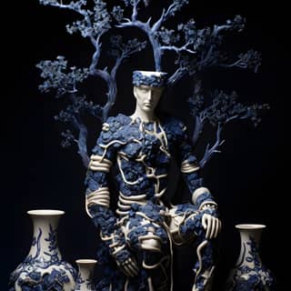 Une sculpture en céramique bleue et blanche de quelqu'un assis sur une chaise et des vases.