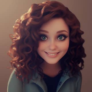 but as a 3d pixar disney character, a cartoon girl with curly hair and green eyes