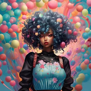 Mujer afroamericana con cabello azul y globos coloridos.