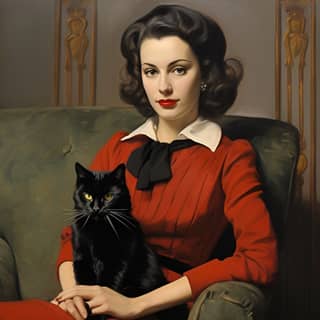 a french female painter from the 1950s who is wearing formal clothing with a cat on her lap