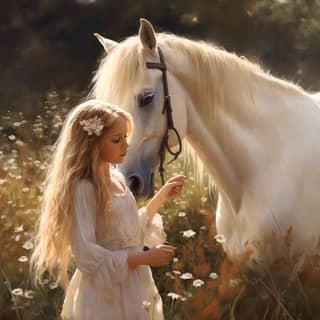 girl with long bouncy blonde hair she is standing next to a white horse who is tall and majestic they look into each others