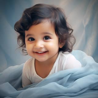 a indian baby of 2 year looking so natural and smiling lights pastel colors blue tone inframe