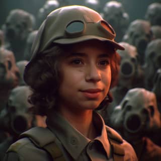 military hat, in a gas mask and hat standing in front of a crowd of soldiers