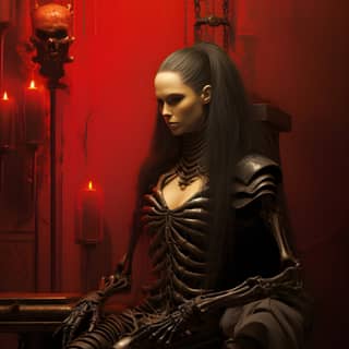 picture is of that looks like she is sitting on a table in the style of dark fantasy creatures metal compositions wayne