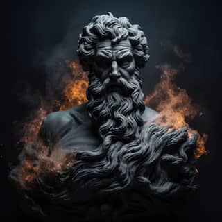 stoic ancient greek statue waves crushing fire flames calm and peaceful stormy