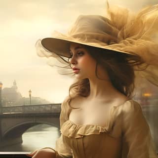 woman in a hat on a bridge in the style of photobashing dreamy romanticized cityscapes victorian-era clothing dark beige and