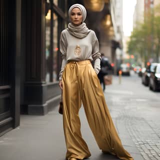 Una donna che indossa pantaloni oversize con tocchi dorati arabici, abbinati a un maglione bianco e hijab, mostrando uno stile casual.